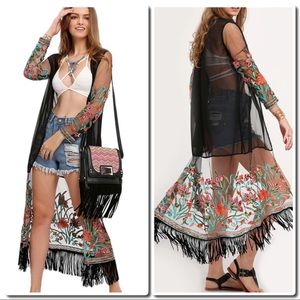 Transparent Embroidered Tassel Long Kimono